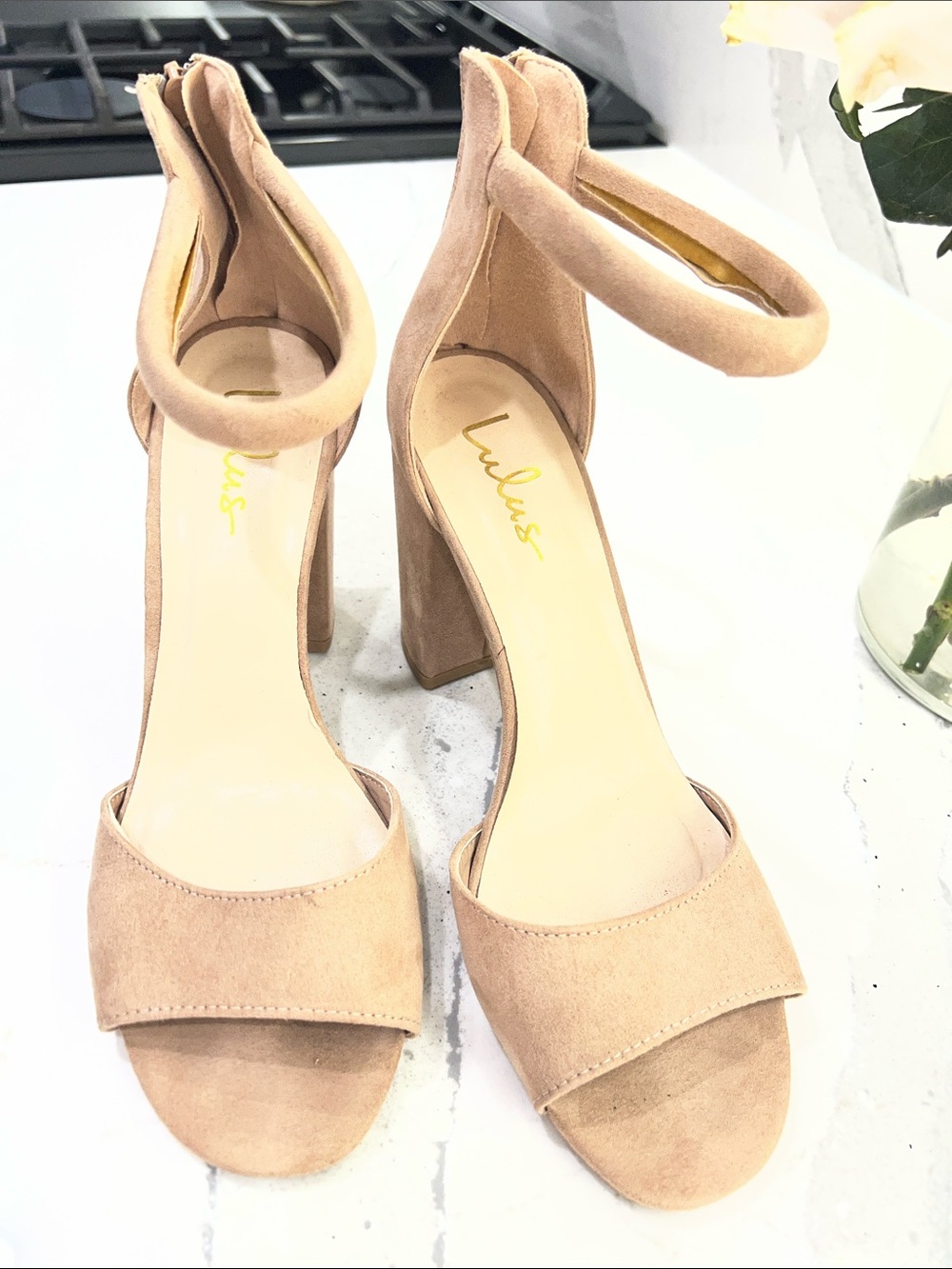 Lulu's Blush Suede Ankle-Strap Block Heels
